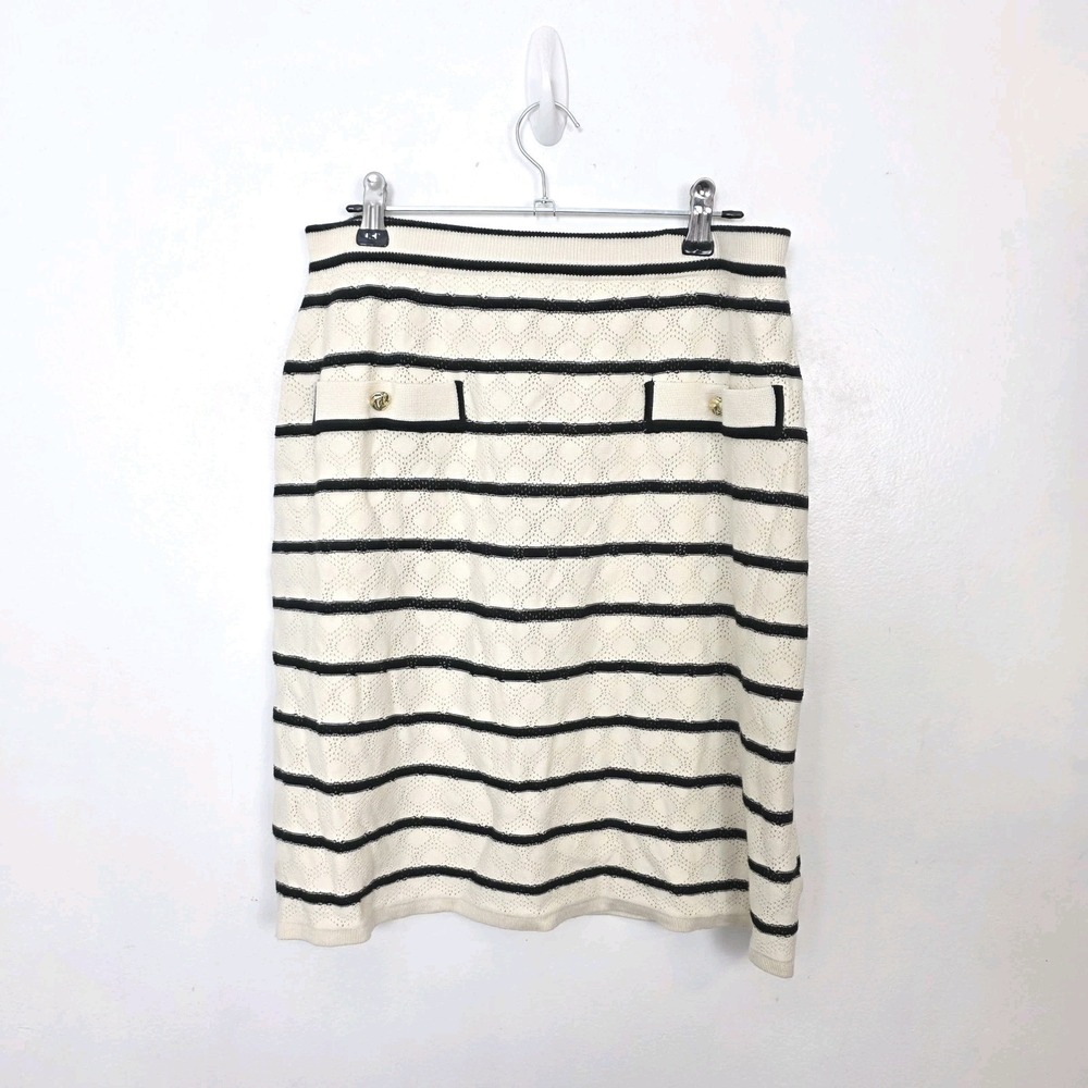 Adrianna Papell Cream Black Striped Knit Preppy Dressy Knee Length Skirt Size M‎